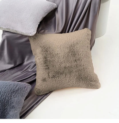 Luxe Home Cushion Cover One Side Rabbit Fur Plain Design Covers Set of 2 Colour Taupe