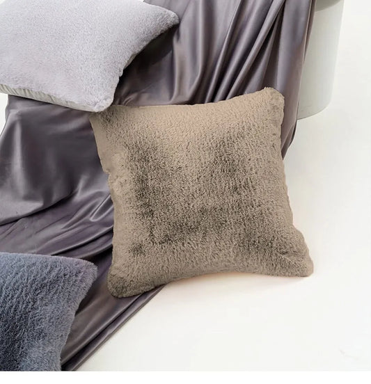 Luxe Home Cushion Cover One Side Rabbit Fur Plain Design Covers Set of 2 Colour Taupe