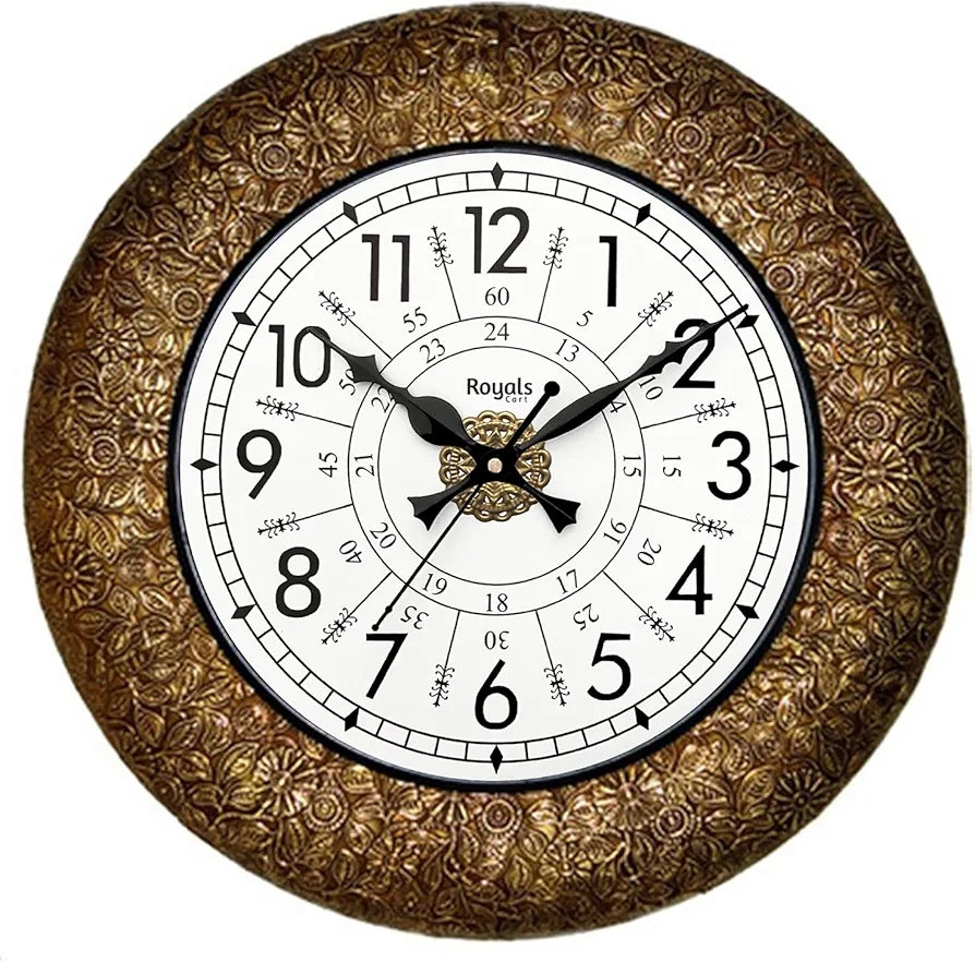 RoyalsCart Ethnic Handcrafted Decorative Wall Clock with Classic Metal Golden Antique Wooden Wall Clock [KTWC221N] Golden Classic Metal