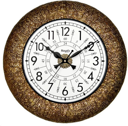 RoyalsCart Ethnic Handcrafted Decorative Wall Clock with Classic Metal Golden Antique Wooden Wall Clock [KTWC221N] Golden Classic Metal