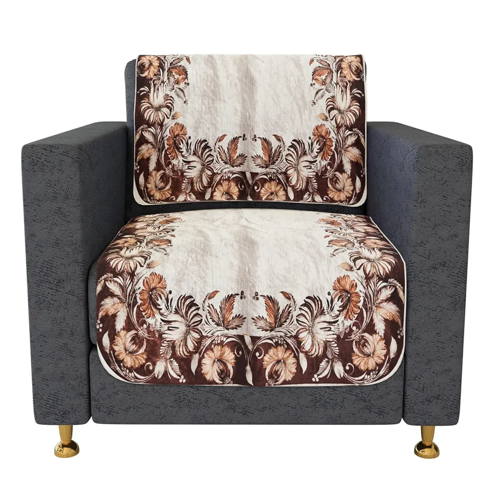 Kuber Industries Sofa Slip Cover Set Brown Flower Sofa Cover 5 Seater Couch Cover Cream