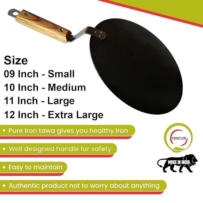 Amicus Kitchen Premium Iron Tawa For Roti Chapati Concave With Wooden Handle 10 Inch Black