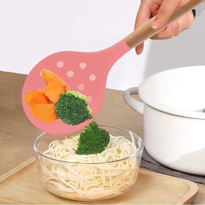 Woodtula Kitchen Silicone Slotted Skimmer with Good Grips Ergonomics Kitchen Cooking Baking Pink