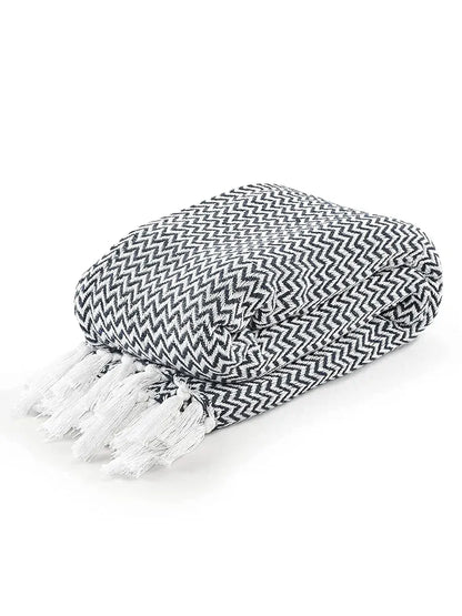 Chevron Throw Blanket Handwoven with Fringes Colour Navy
