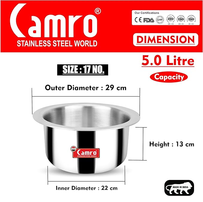 Camro Tripro Triply Artisian Tope 17 No 5 Liters Capacity Cauldron Tope Handi Patila Stainless Steel