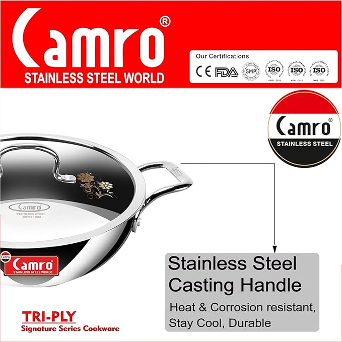 Camro Tripro Triply Signature Kadhai with lid 26 Cm 3.3 Liters Capacity Stainless Steel Lid for Curry