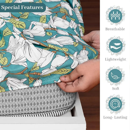 Divine Casa 144 TC Cotton Floral Print Queen Size Fitted Bedsheet with 2 Pillow Covers Elastic & Comfortable Bedding Colour Aspen Green
