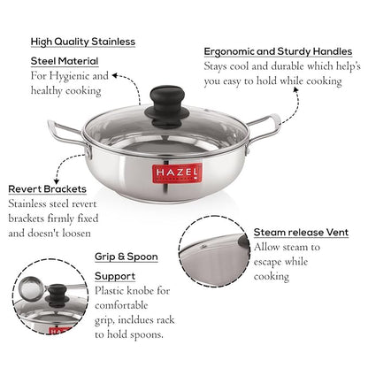 Hazel Induction Base Kadai Stainless Steel Deep Karahi with Glass Lid Cover 1900 Ml
