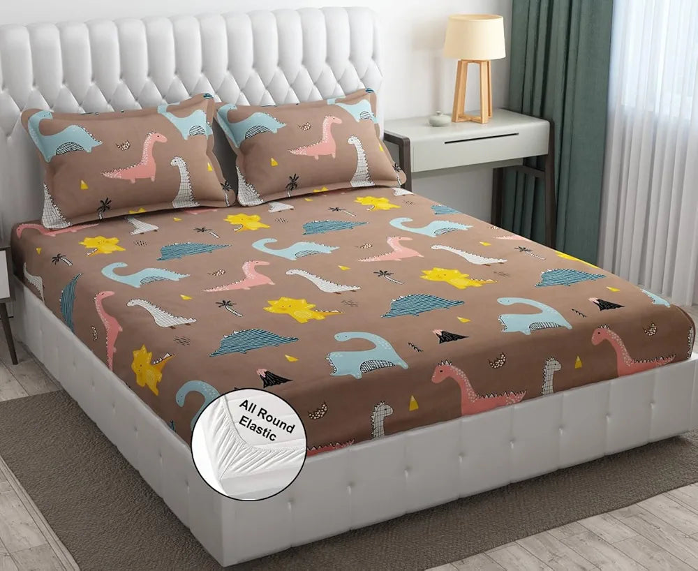 Fresh Form Loom Wrinkle Free Glace Cotton 300 TC Elastic Fitted Bedsheet For Kids With 2 Pillow Cover Rosy Dinosaur Rosy