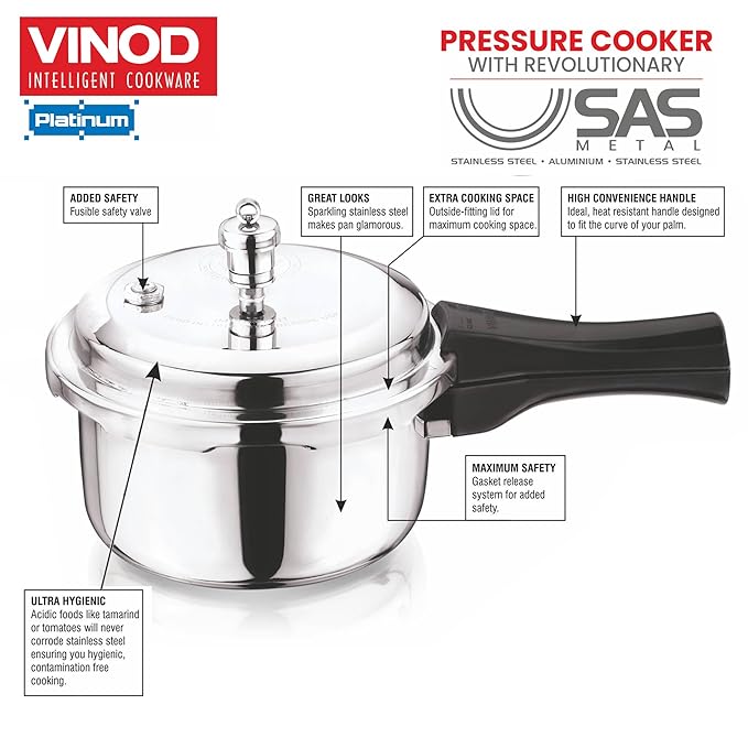 Vinod Platinum Triply Stainless Steel Outer Lid Pressure Cooker | Induction Base Pressure Cooker 2 Litre Capacity
