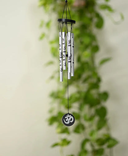 Tej Gifts Feng Shui Metal Wind Chime with Om Printed 5 Pipes for Positive Energy Silver Small