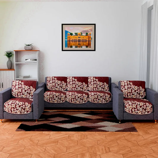 Kuber Industries Sofa Cover Set Flower Sofa Cover Velvet 5 Seater Couch Cover Maroon
