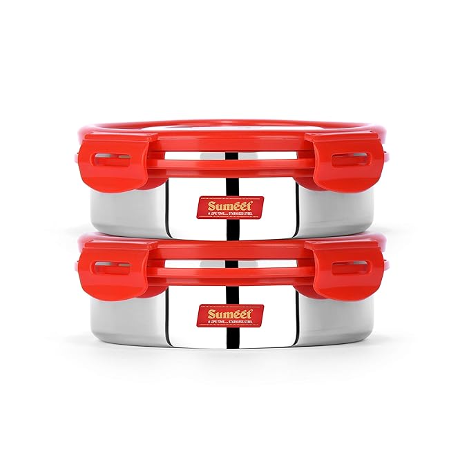 Sumeet Airtight & Leak Proof Steelexo S. S.Lunch Box Lid Size 600 ml Set of 2pc -Red