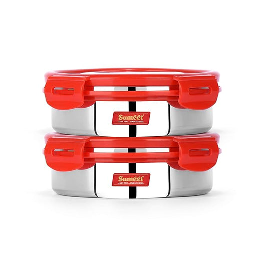 Sumeet Airtight & Leak Proof Steelexo S. S.Lunch Box Lid Size 600 ml Set of 2pc -Red