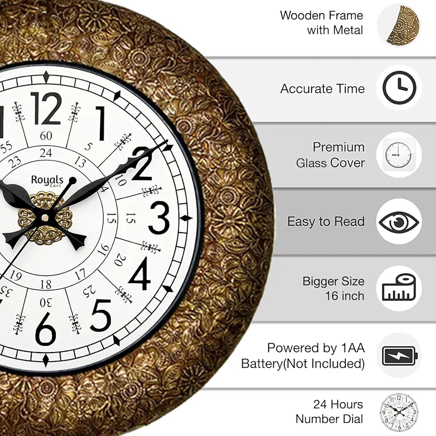 RoyalsCart Ethnic Handcrafted Decorative Wall Clock with Classic Metal Golden Antique Wooden Wall Clock [KTWC221N] Golden Classic Metal
