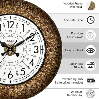 RoyalsCart Ethnic Handcrafted Decorative Wall Clock with Classic Metal Golden Antique Wooden Wall Clock [KTWC221N] Golden Classic Metal