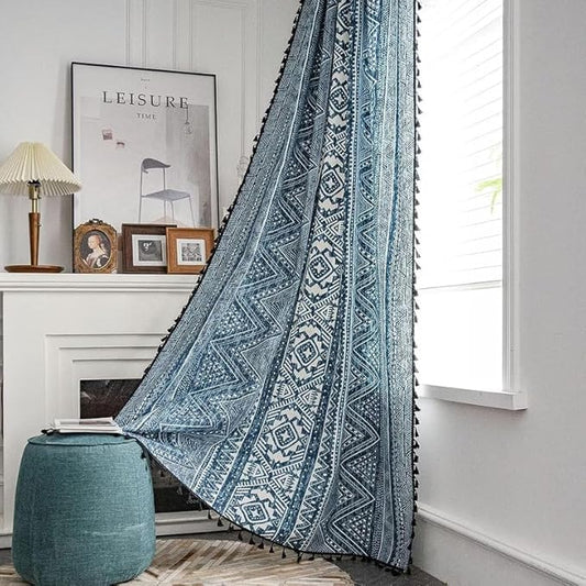 Huesland Cotton Curtains for Windows, 5 Feet Long 1 Bohemian Eyelet Curtain | Tribal Style Blue