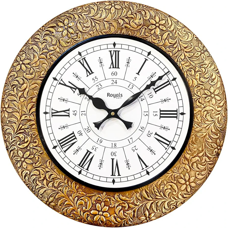 RoyalsCart Emboss Metal Analog Wall Clock For Elegant Clock Size - 16 X 16 Inches [Ktwc255D] Gold Designer Emboss Metal