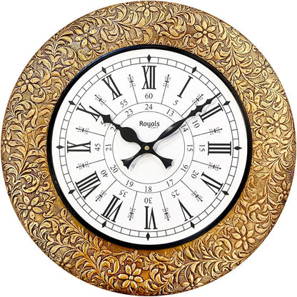 RoyalsCart Emboss Metal Analog Wall Clock For Elegant Clock Size - 16 X 16 Inches [Ktwc255D] Gold Designer Emboss Metal