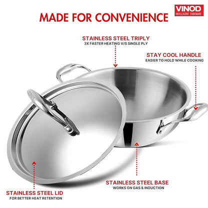 Vinod Platinum Triply Stainless Steel Extra Deep Kadhai with Lid 4.8 Litre, 28 cm | 2.5mm Thick | Kadai for Cooking