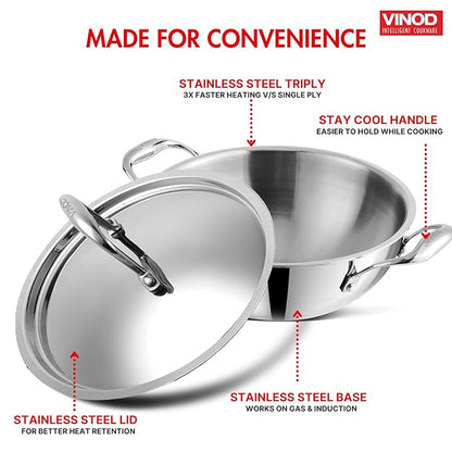 Vinod Platinum Triply Stainless Steel Extra Deep Kadai with Lid 2.5 Litre (22 cm) | 2.5mm Thick | Stainless Steel Cookware