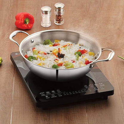 Femora Induction Safe, Stain Resistant, Zero Coating Stainless Steel Tri-ply Deep Frying Kadhai Pan | 26 Cm Capacity 3.2 Litres | Silver