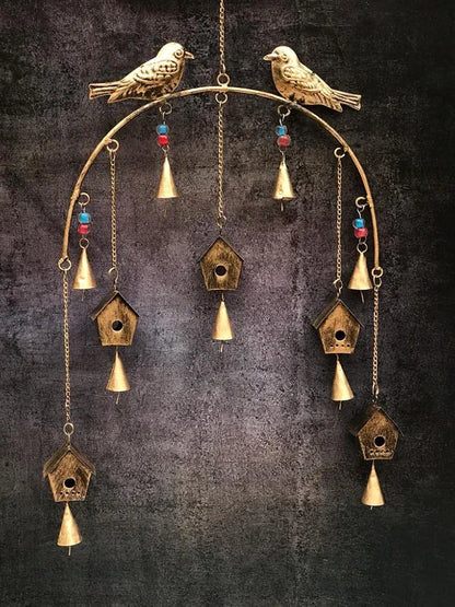 Metal Windchime Wall Hanging Feng Shui Wall Decor Golden BirdHouse