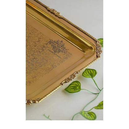 Indian Art Villa Brass Serving Tray Rectangular Shape With Beeding