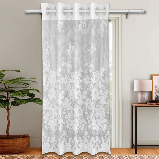 Kuber Industries Cotton Door Curtains with 8 Rings Net Frill Door Curtain SY27 White Colour