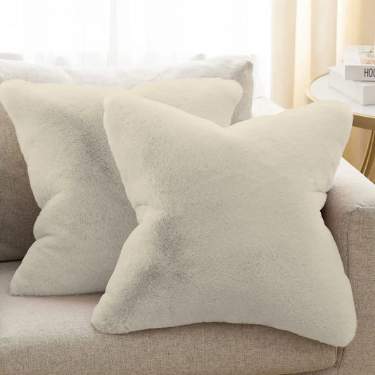 Luxe Home Cushion Cover One Side Rabbit Fur Plain Design Covers Set of 2 Colour Beige