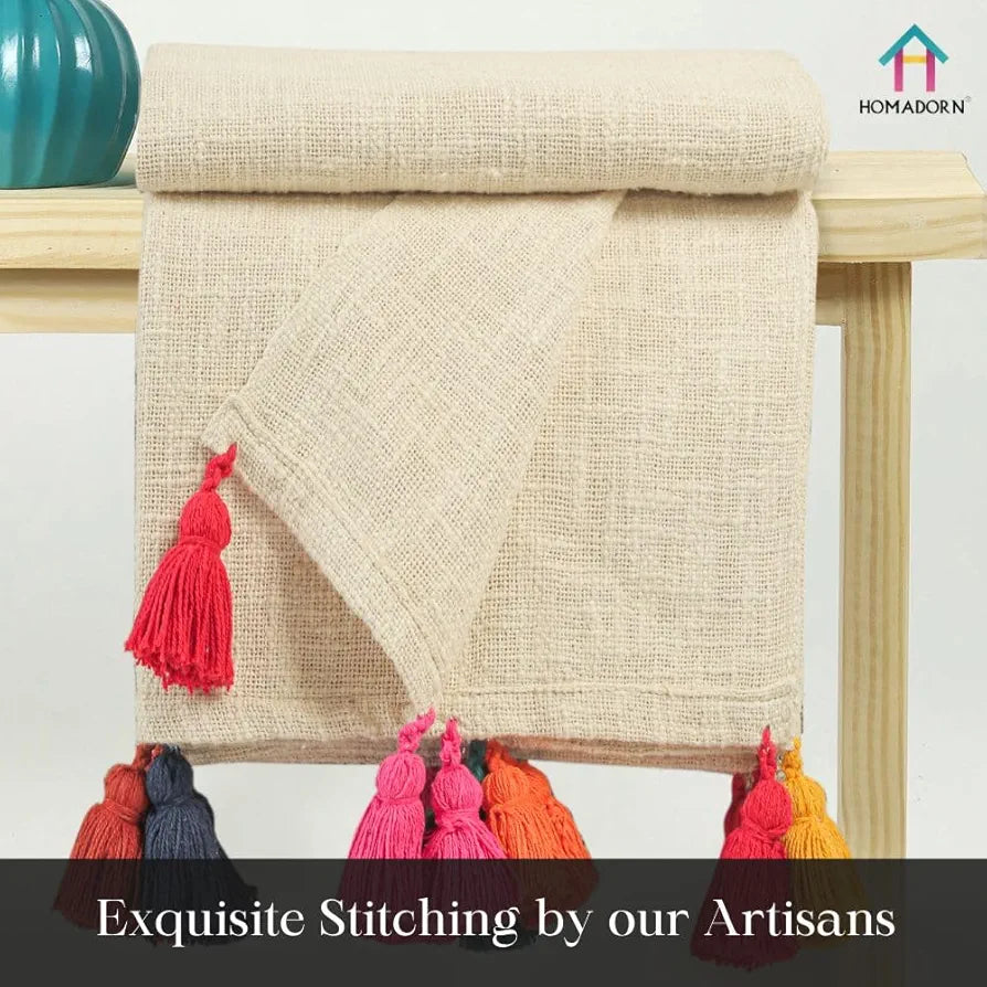 Homadorn 100% Cotton Off White Throw 300 TC Blanket with Handmade Colorful Tasse lColour Multicolor