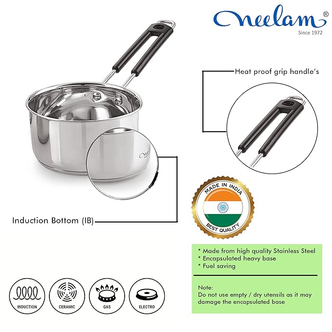 Neelam Premium Stainless Steel Induction Bottom Saucepan with Heat-Resistant Wire Handle 800 ml
