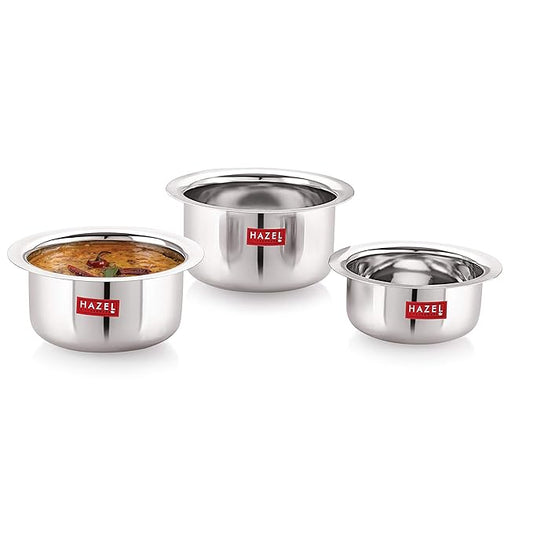 Hazel Small Utensils Set for Kitchen Set of 3 (300 ml, 500 ml & 800 ml) Small Stainless Steel Round Bottom