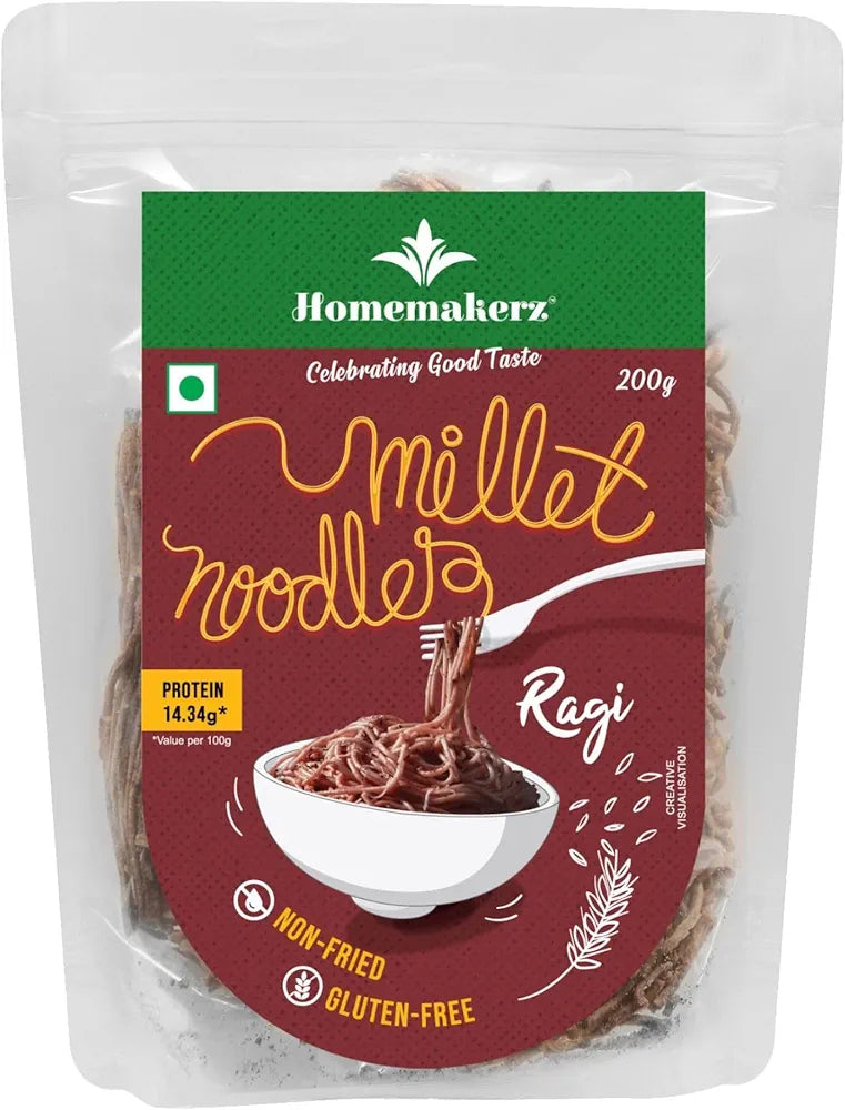 Homemakerz Ragi Millet Noodles, Natural, Preservative, Gluten & Fat Free, Not Fried & No Oil, Zero Maida & Wheat, Healthy & Tasty Hakka Millet Noodles, 200Gram