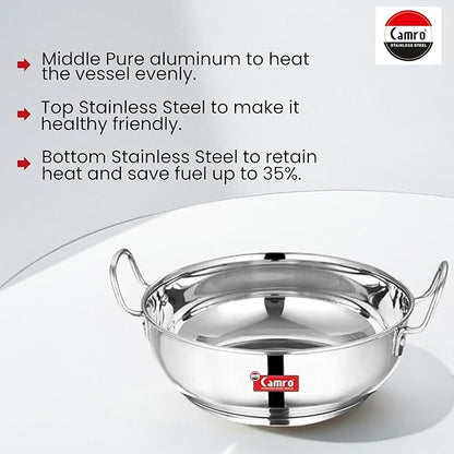 Camro Kadhai Induction Bottom 1.2 Liters Without Lid Steel Stainless Kadhai for Deep Frying