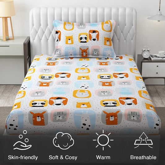 Fresh From Loom Glace Cotton 300 tc Elastic Fitted Cartoon Printed Cream Panda Smallsingle