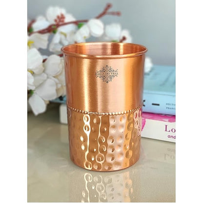 Indian Art Villa Pure Copper Glass With Half Lacquer Hammer Design Tumbler Cup (Pack of 4)