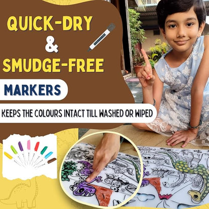 PepPlay Prehistoric Series Mat Doodle Sheets with 6 Smudge Free Washable & Quick Dry Marker Pens