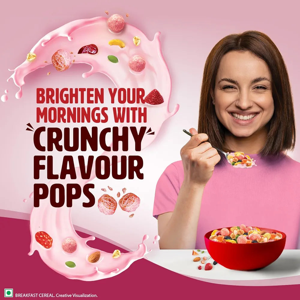 Saffola Muesli Berry Crunch with Flavour Pops, 450 gm | 15 in 1 Fruit and Nuts, Seeds, Millet & more | Cereals for breakfast rich with wholegrain, protein, fibre