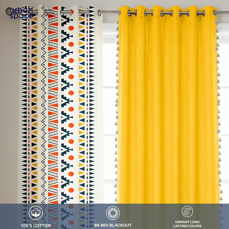 Urban Space Geometric Cotton Curtains For Door Set Of 3 Curtains For Home Decor Ikat Orange & Aura Yellow