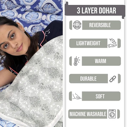 Divine Casa 120 GSM 100% Cotton Cambric 3 Layered Super Soft Jaipuri Razai Single Bed for Mild Winter Printed Reversible Dohar Colour Glacier Grey TC - 120