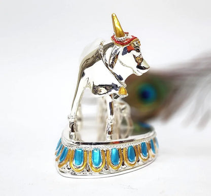 Gold Art India Kamdhenu Cow with Calf 999 Silver Plated Plain Large Size