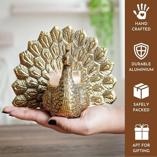 Behoma Metal Dancing Peacock Figurine for Good Luck and Love | Candle Holder for Home Dcor Tabletop Living | Showpiece for Valentine's Day, Birthday , Gold