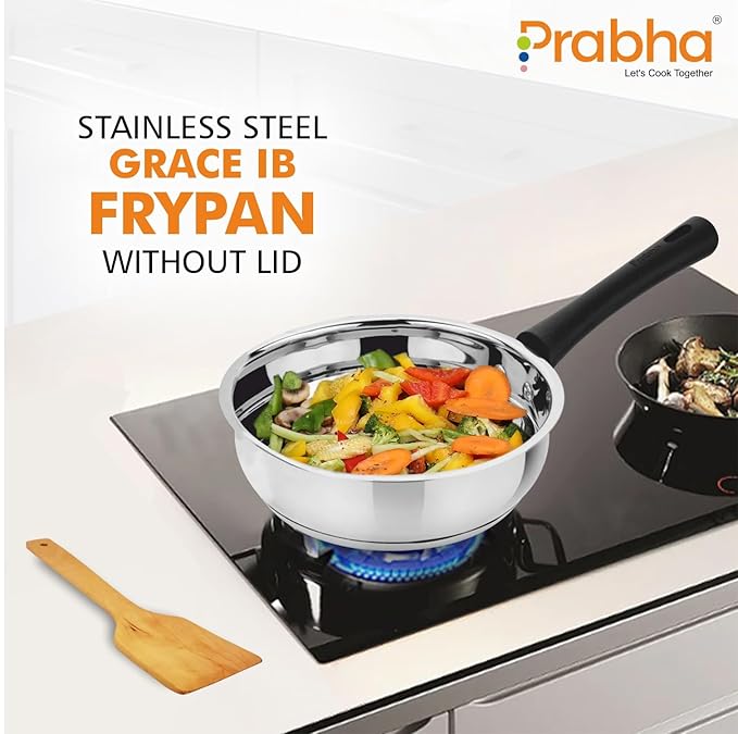 Prabha Heavy Gauge Bottom Encapsulated Base Induction Base Stainless Steel Frypan Without Lid 1.1L and Size 18cm