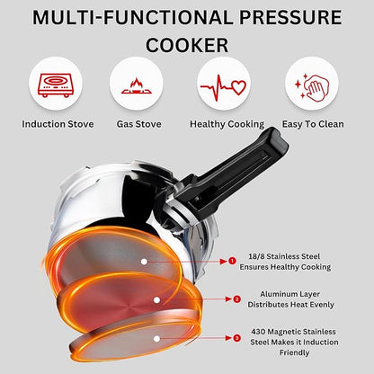 Vinod Platinum Triply Stainless Steel Outer Lid Pressure Cooker - 1. 5 Litres | Induction and Gas Stove Friendly | Silver