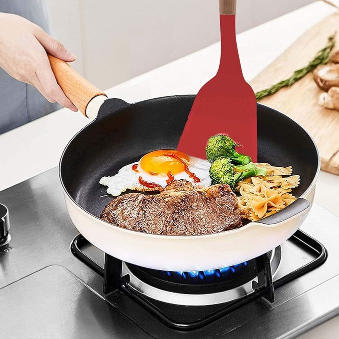 P-Plus International Silicone Spatula Wooden Handle Flexible & Heat Resistant Rubber Non-Stick Red