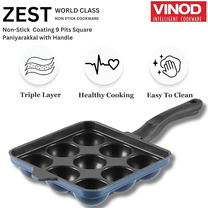 Vinod Aluminium Non Stick Kuzhi Paniyaram Pan | 9 Cups | 17.5cm | Paniyarakal | Appe Pan | Appam Patra | 3mm Thick | 3 Ply | Metal Spoon