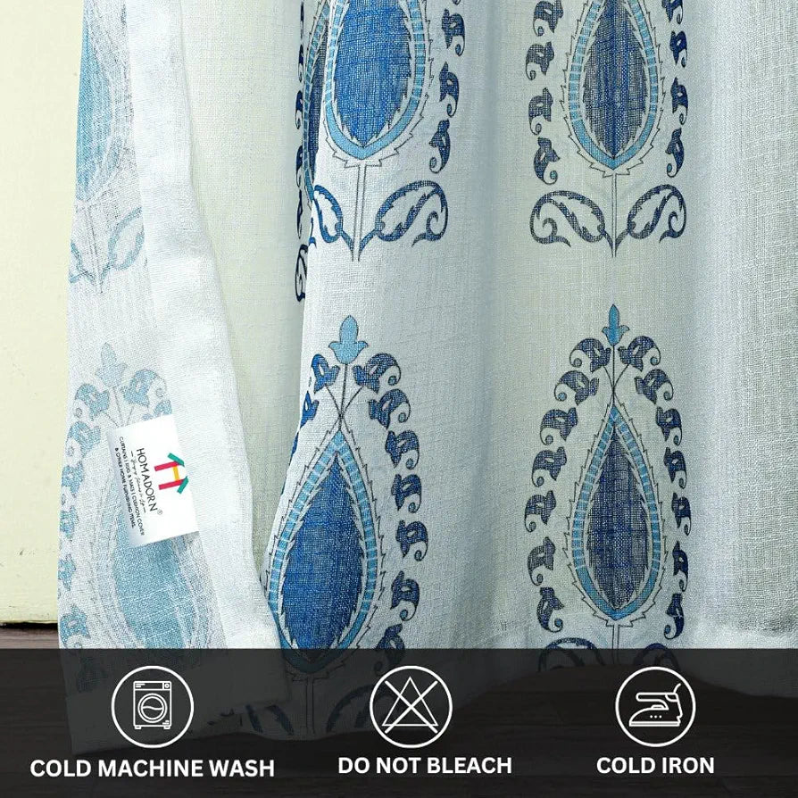Homadorn Linen Sheer Printed Semi Transparent Curtains for Window Set of 2 Blue Motifs