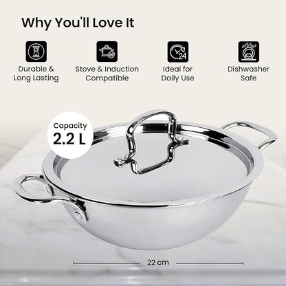 Savya Home Triply Stainless Steel Kadai With Lid 22 Cm Diameter 2.2 L Capacity
