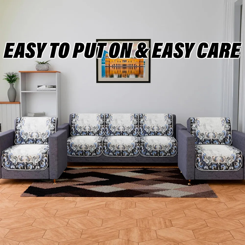 Kuber Industries Sofa Cover Set Blue Digital Flower Sofa Cover 5 Seater Couch Cover Gray